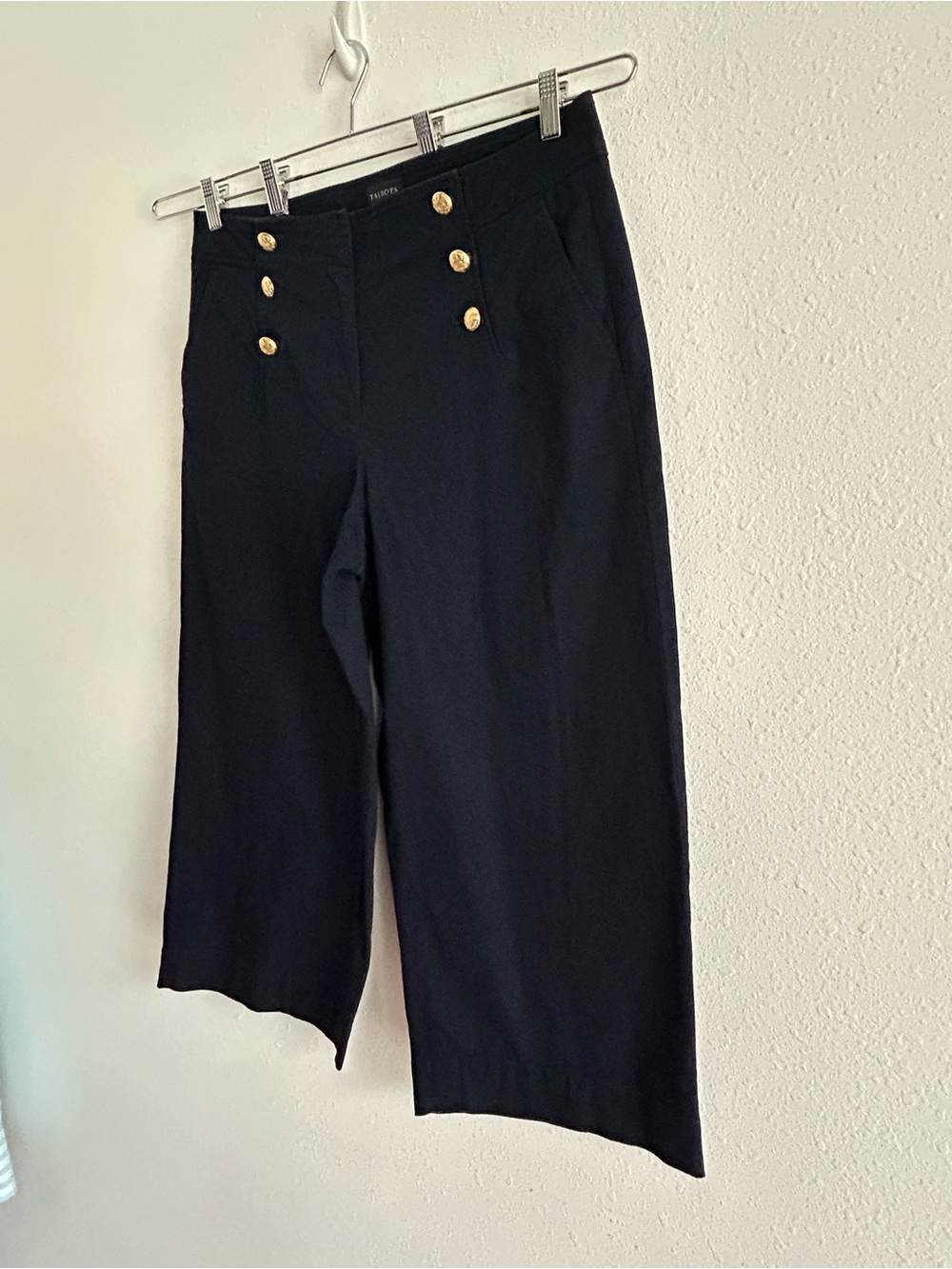 Talbots Wide Leg Cropped Pants Size 14 Navy Blue Nautical Gold Buttons Preppy - Picture 4 of 9